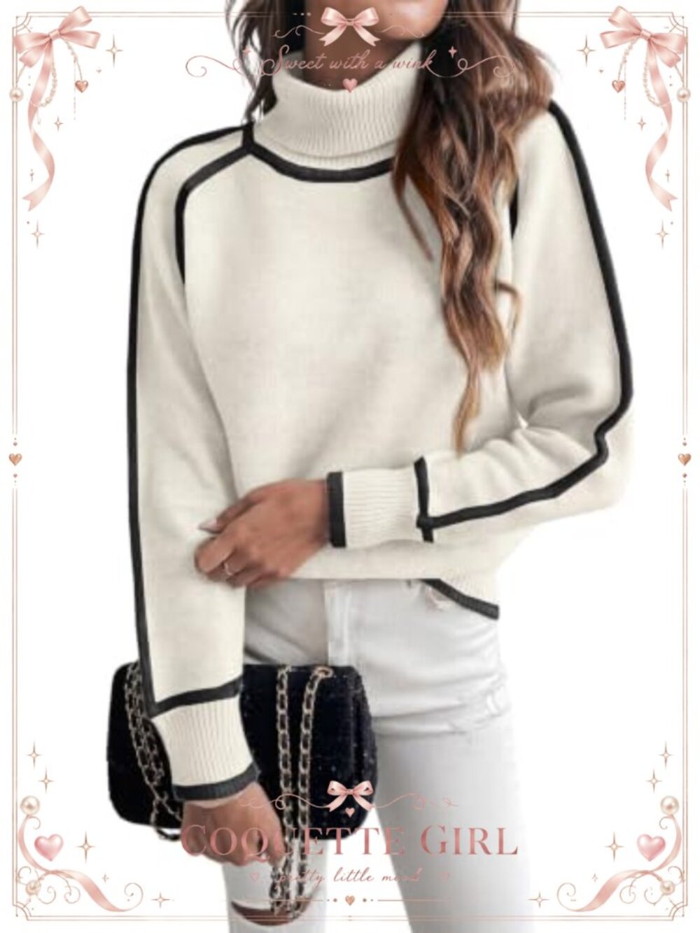 EVALESS Women's Turtleneck Sweater Loose Fit Color Block Knit Pullover